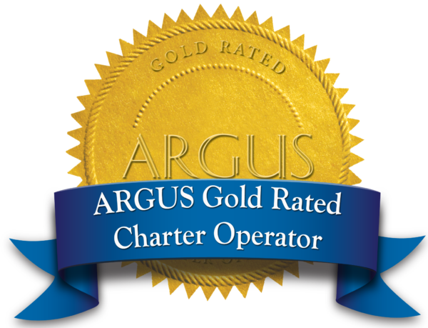 A gold rated charter operator seal with blue ribbon.