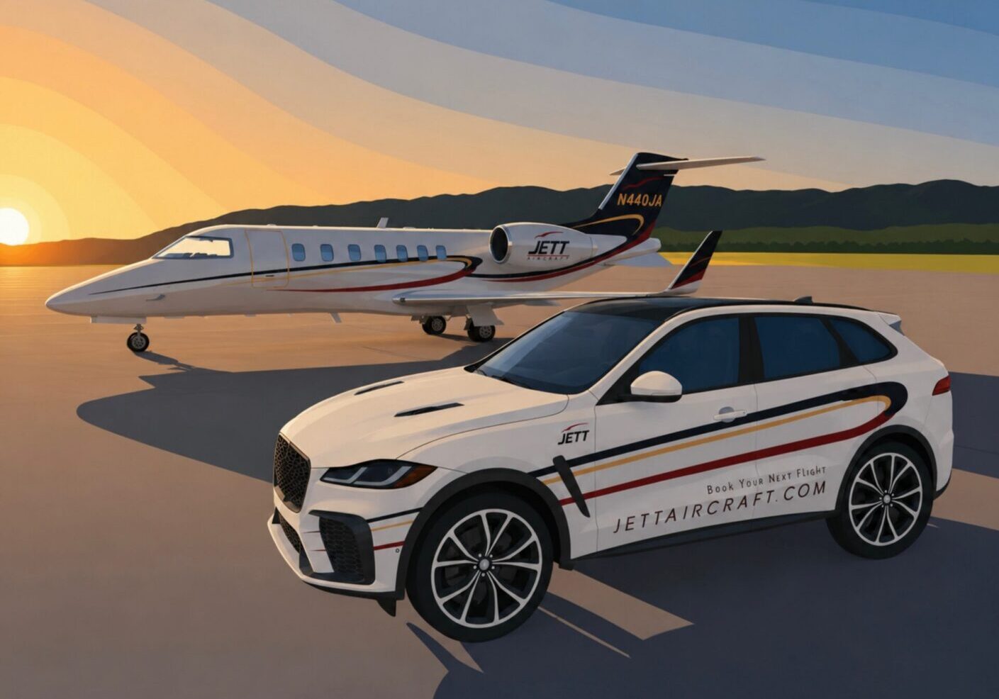Private jet and branded SUV at sunset